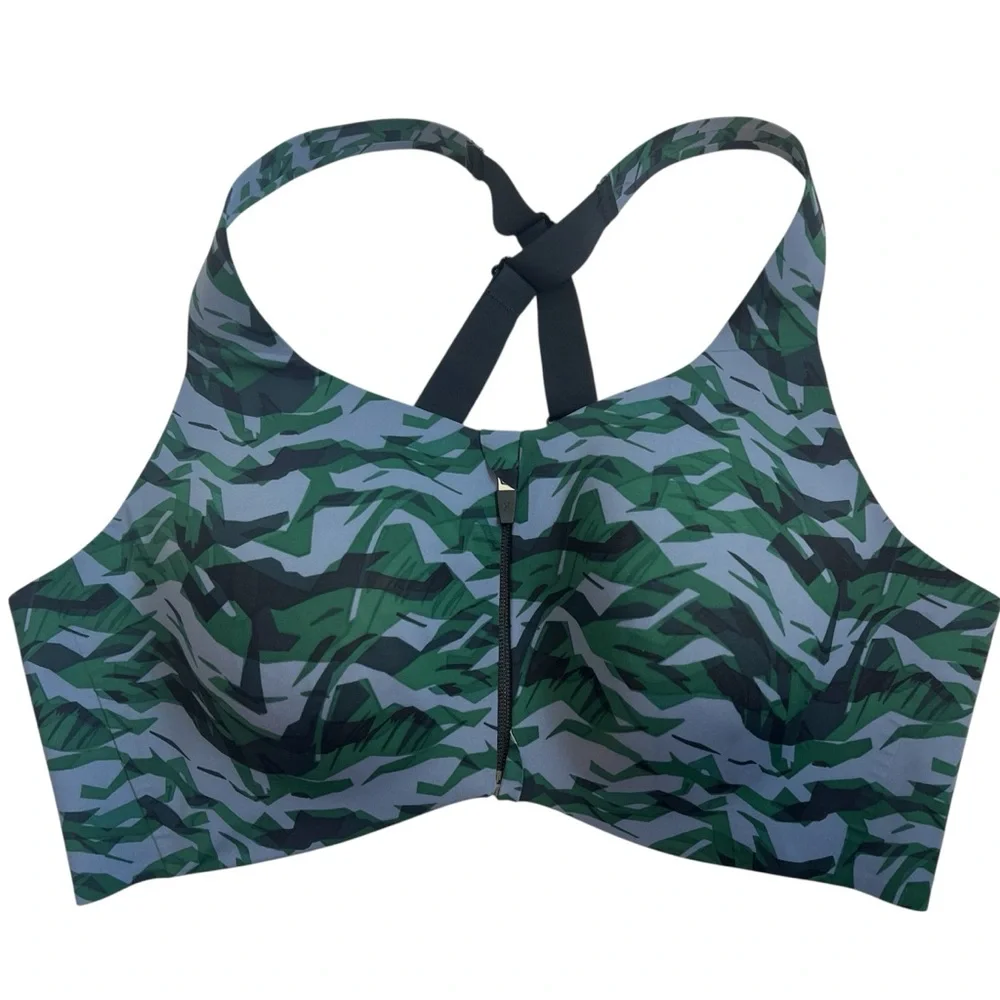 Knix Sports Bra Green Black Camo Print Front Zip Racerback Size 8 (40/42D-DDD)